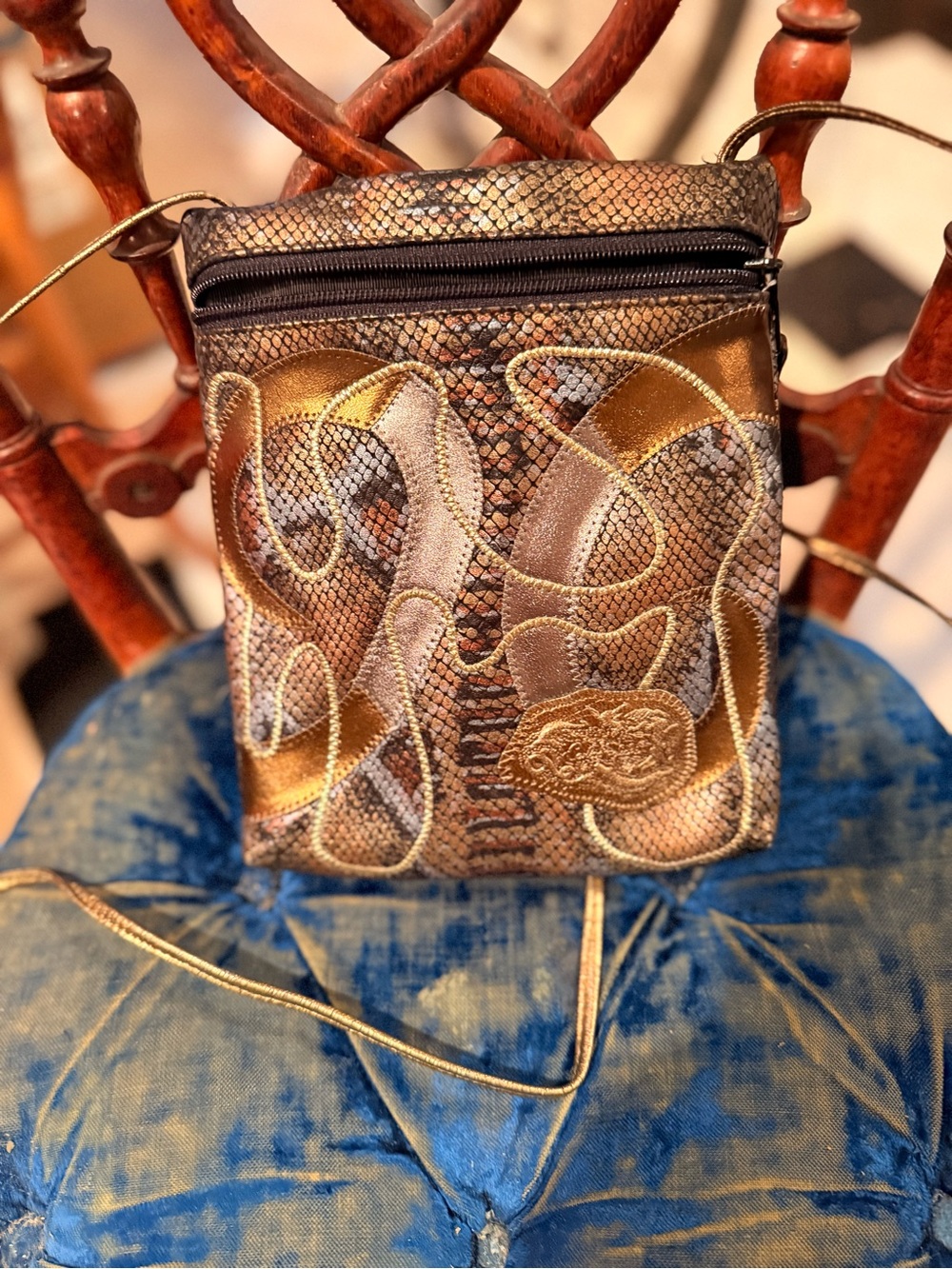 Metallic Brown & Gold Crossbody Bag - Stylish Snake-Texture Design